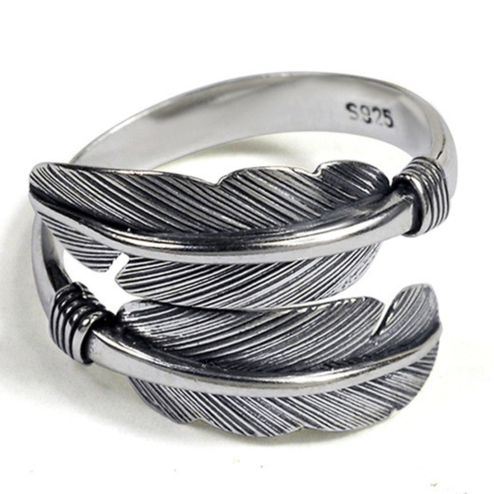 925 Sterling Silver Double Feather Boho Open Adjustable Ring